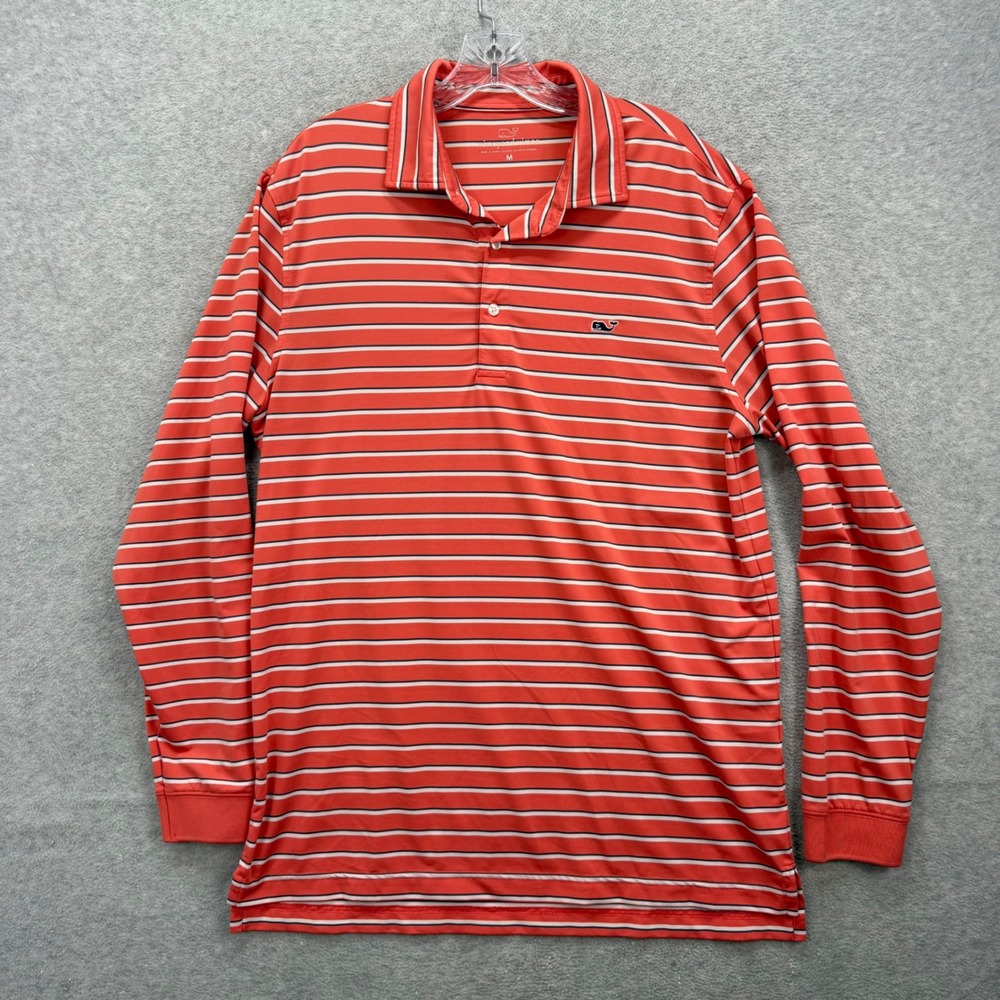 Vineyard Vines Long Sleeve Performance Polo Shirt Men Medium Orange Stripe Rugby